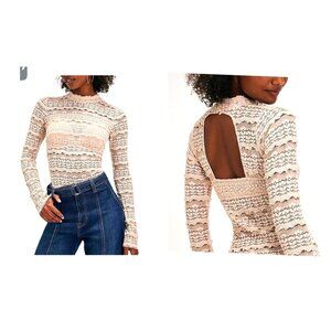 Free People look Long-Sleeve Lace Open-Back Top Neutral Beige Womens Size Medium